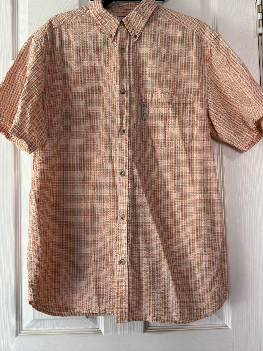 Columbia Men's 100% Cotton Short Sleeve Button Down Shirt Large Orange Textured